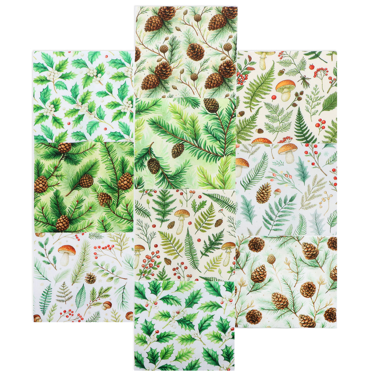 10Pc/Set Christmas Series Tree Mushroom Holly Pinecones Fat Quarter Fabric, Pre-Cut Square Fabric Assort, Fabric Set, Craft Fabric, Handmade DIY Patchwork Fabric,Home Quilting Sewing Fabric, Packaging Fabric, Scrapbooking Craft Hobbyist