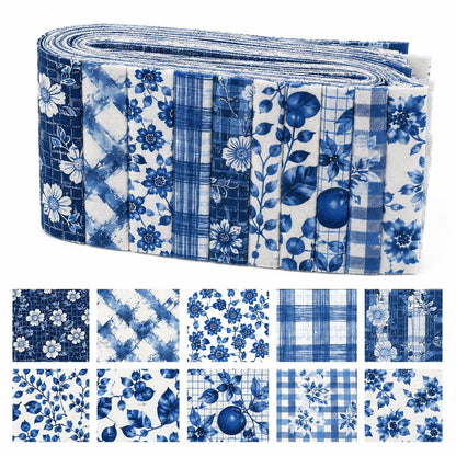 10pcs Vintage Floral Plaid Blue Pattern Jelly Roll Fabric Strips 2.5X19.7inch Pre-cut 100% Polyester for Patchwork Quilts, Table Runners, Placemats, Tote Bags, Storage Pouches, Makeup Bags, Coasters, Quilt Blocks & Binding Multi-color