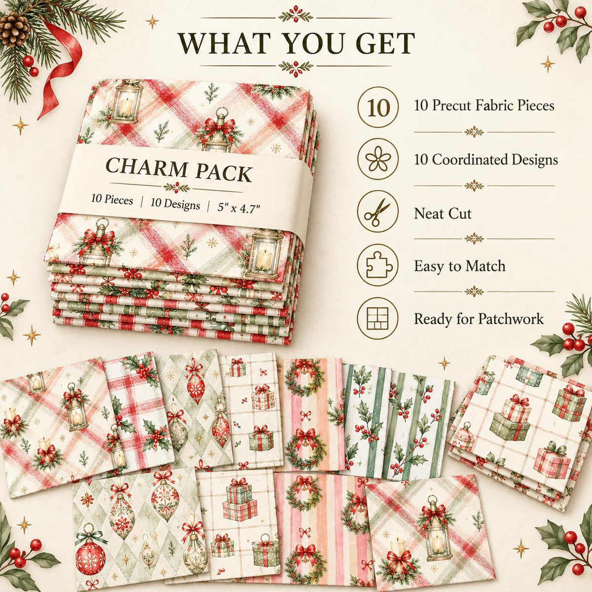 10Pc/Set Christmas Series Plaid Stripe Bowknot Bell Star Holly Fat Quarter Fabric, Pre-Cut Square Fabric Assort, Fabric Set, Craft Fabric, Handmade DIY Patchwork Fabric,Home Quilting Sewing Fabric, Packaging Fabric, Scrapbooking Craft Hobbyist