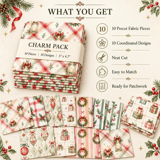 10Pc/Set Christmas Series Plaid Stripe Bowknot Bell Star Holly Fat Quarter Fabric, Pre-Cut Square Fabric Assort, Fabric Set, Craft Fabric, Handmade DIY Patchwork Fabric,Home Quilting Sewing Fabric, Packaging Fabric, Scrapbooking Craft Hobbyist