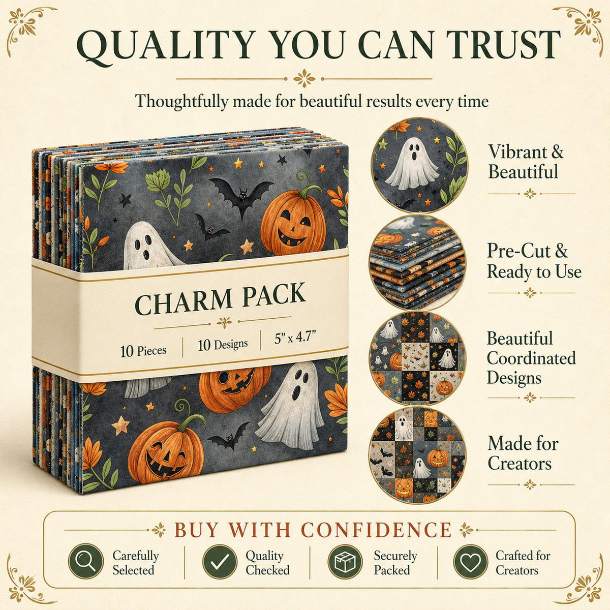 10pcs Charm Pack Set Ghost Pumpkin Halloween Vintage Style Pattern Handmade DIY with Rich Color and Texture Elements 100% Polyester Patchwork in 10 Design Styles Suitable for Patchwork DIY Craft Projects DIY Wallet Making Gift Giving Bag Making