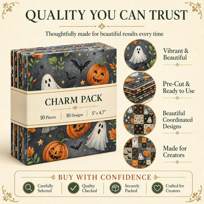 10pcs Charm Pack Set Ghost Pumpkin Halloween Vintage Style Pattern Handmade DIY with Rich Color and Texture Elements 100% Polyester Patchwork in 10 Design Styles Suitable for Patchwork DIY Craft Projects DIY Wallet Making Gift Giving Bag Making