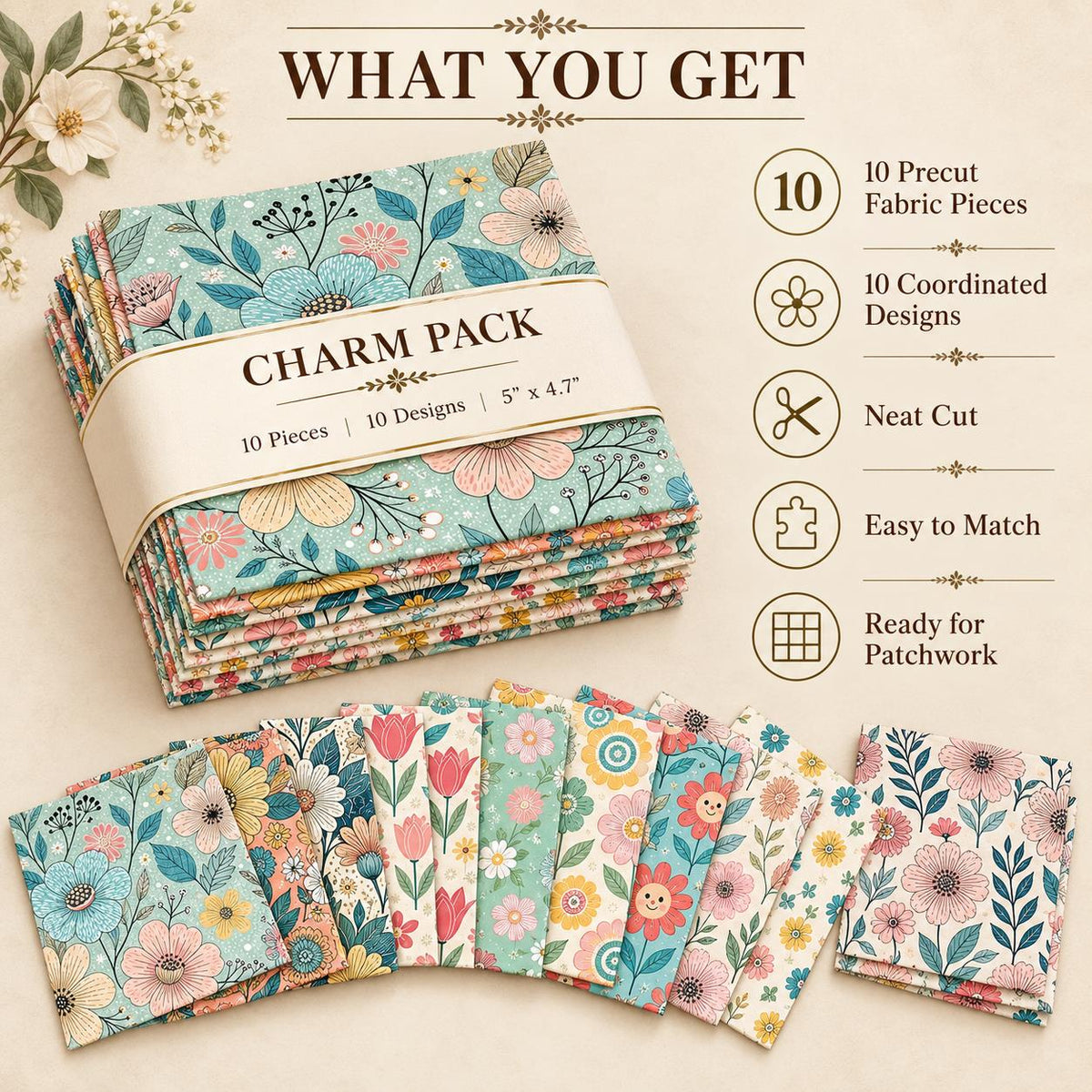 10Pc/Set Flower Series Fat Quarter Fabric, Pre-Cut Square Fabric Assort, Fabric Set, Craft Fabric, Handmade DIY Patchwork Fabric,Home Quilting Sewing Fabric, Packaging Fabric, Scrapbooking Craft Hobbyist