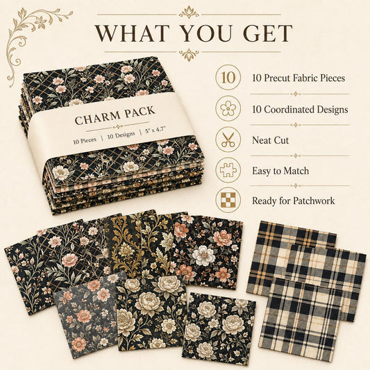 10Pc/Set Flower Plaid Black Series Fat Quarter Fabric, Pre-Cut Square Fabric Assort, Fabric Set, Craft Fabric, Handmade DIY Patchwork Fabric,Home Quilting Sewing Fabric, Packaging Fabric, Scrapbooking Craft Hobbyist