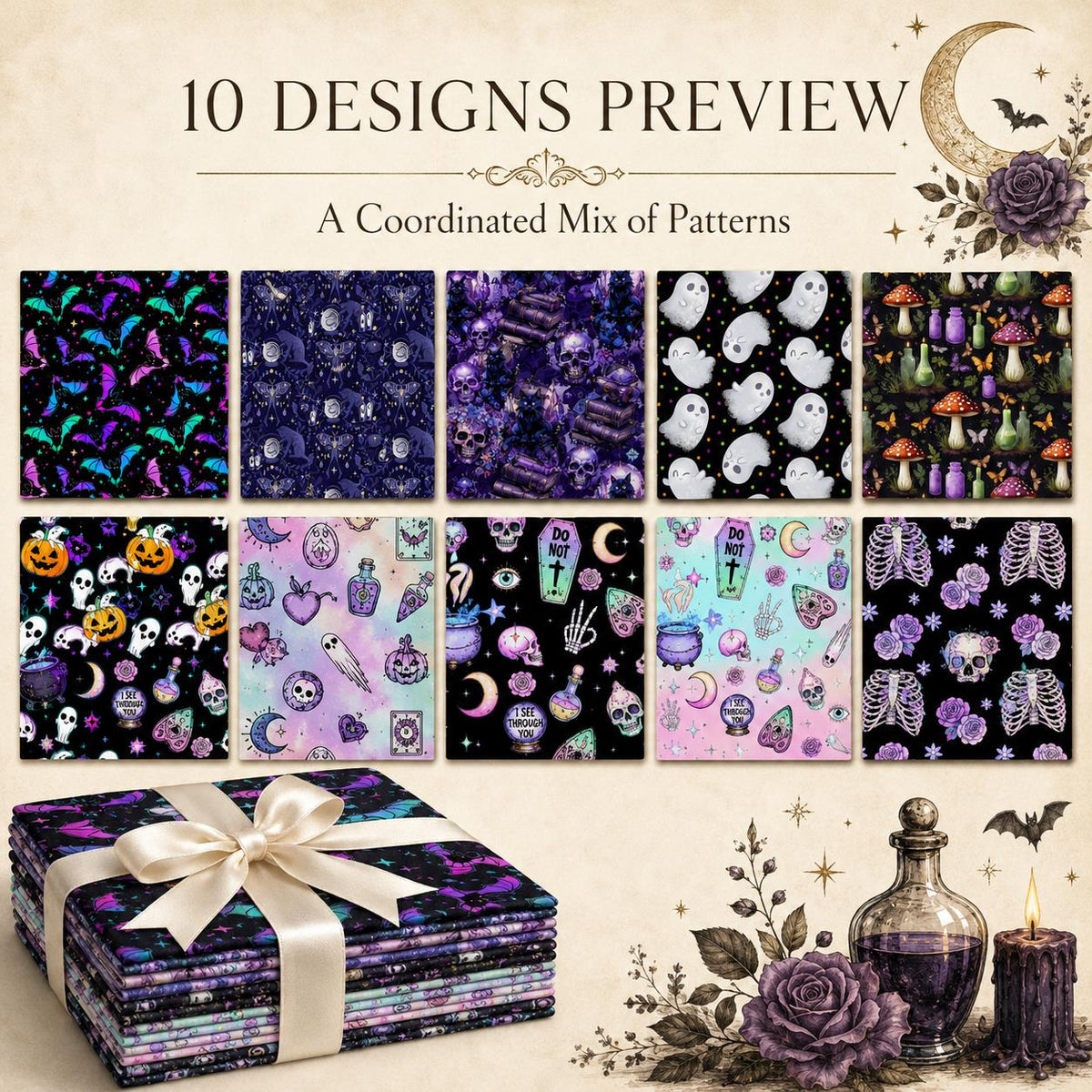 10Pc/Set Halloween Series Butterfly Heart Skull Pumpkin Cat Mushroom Rose Bat Fat Quarter Fabric, Pre-Cut Square Fabric Assort, Fabric Set, Craft Fabric, Handmade DIY Patchwork Fabric,Home Quilting Sewing Fabric, Packaging Fabric, Scrapbooking Craft Hobby