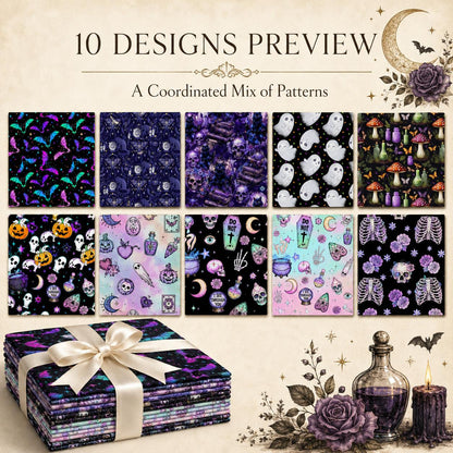 10Pc/Set Halloween Series Butterfly Heart Skull Pumpkin Cat Mushroom Rose Bat Fat Quarter Fabric, Pre-Cut Square Fabric Assort, Fabric Set, Craft Fabric, Handmade DIY Patchwork Fabric,Home Quilting Sewing Fabric, Packaging Fabric, Scrapbooking Craft Hobby