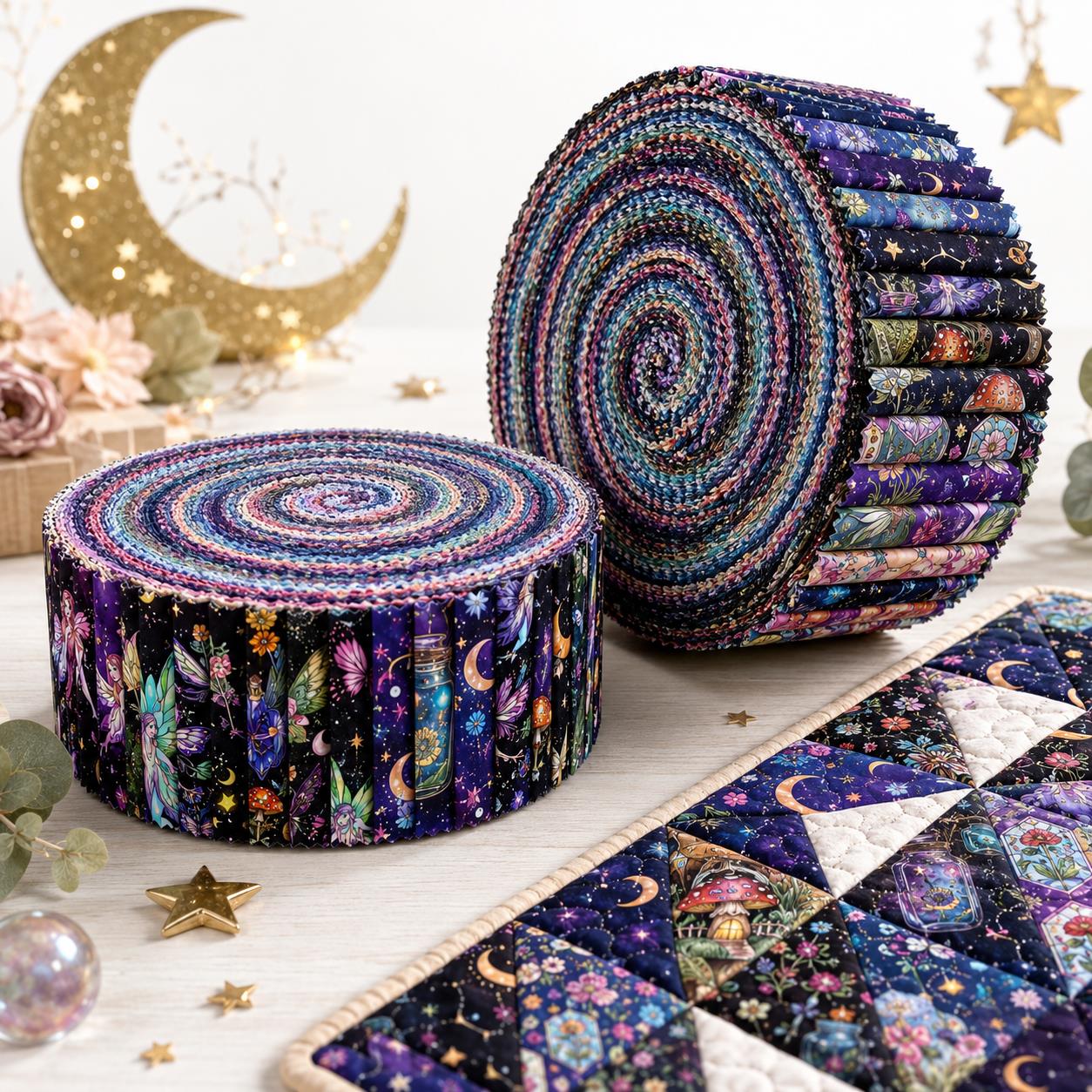 10pcs Vintage Moon Cat Bottle Night Pattern Jelly Roll Fabric Strips 2.5X19.7inch Pre-cut 100% Polyester for Patchwork Quilts, Table Runners, Placemats, Tote Bags, Storage Pouches, Makeup Bags, Coasters, Quilt Blocks & Binding Halloween Gift