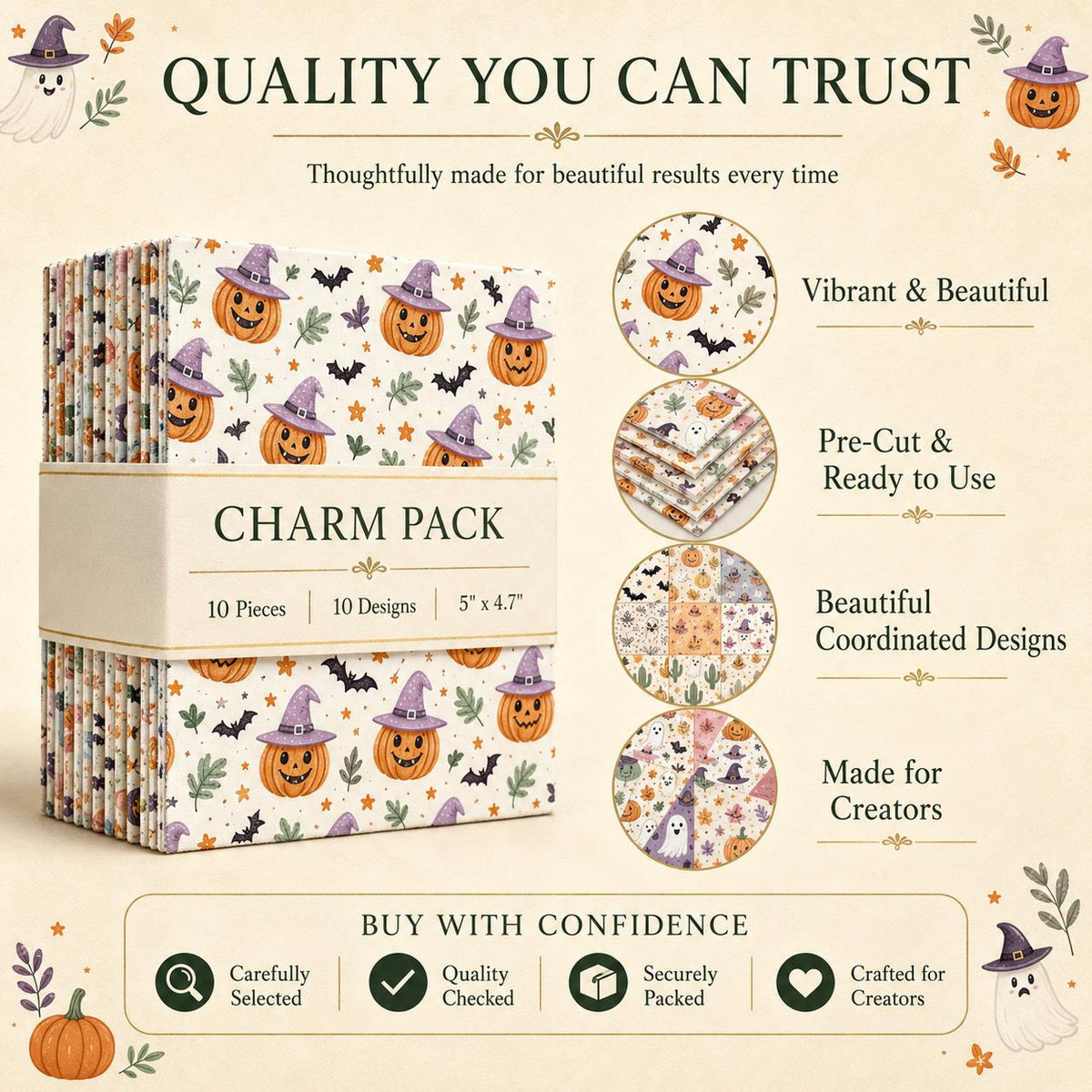 10pcs Charm Pack Set Halloween Pumpkin Ghost Holly Snow Pattern Vintage Style Handmade DIY with Rich Color and Texture Elements 100% Polyester Patchwork in 10 Design Styles Suitable for Patchwork DIY Craft Projects DIY Wallet Making Gift Giving Bag Making