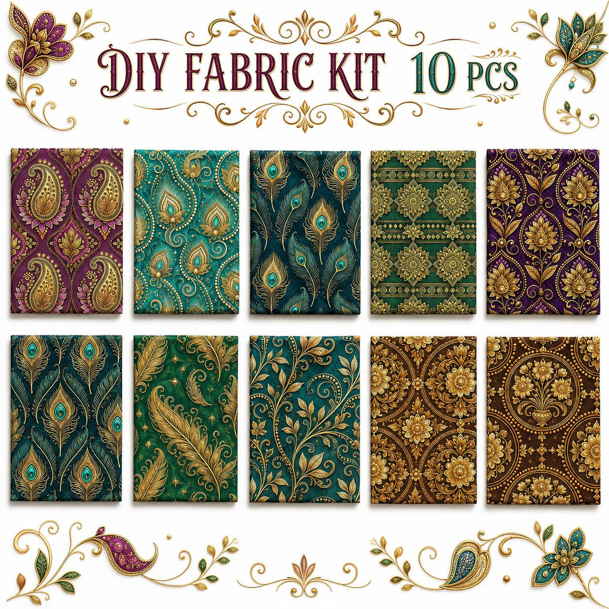 10Pc/Set Flower Feather Series Peacock Pattern Fat Quarter Fabric, Pre-Cut Square Fabric Assort, Fabric Set, Craft Fabric, Handmade DIY Patchwork Fabric,Home Quilting Sewing Fabric, Packaging Fabric, Scrapbooking Craft Hobbyist