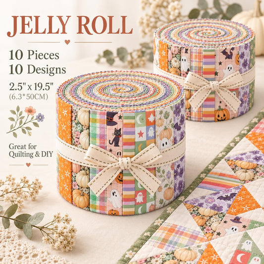 10pcs Vintage Pumpkin Bat Skull Halloween Pattern Jelly Roll Fabric Strips 2.5X19.7inch Pre-Cut 100% Polyester For Patchwork Quilts, Table Runners, Placemats, Tote Bags, Storage Pouches, Makeup Bags, Coasters, Quilt Blocks & Binding