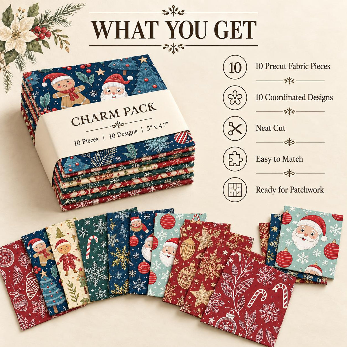 10Pc/Set Christmas Series Star Deer Santa Claus Holly Crutch Fat Quarter Fabric, Pre-Cut Square Fabric Assort, Fabric Set, Craft Fabric, Handmade DIY Patchwork Fabric,Home Quilting Sewing Fabric, Packaging Fabric, Scrapbooking Craft Hobbyist