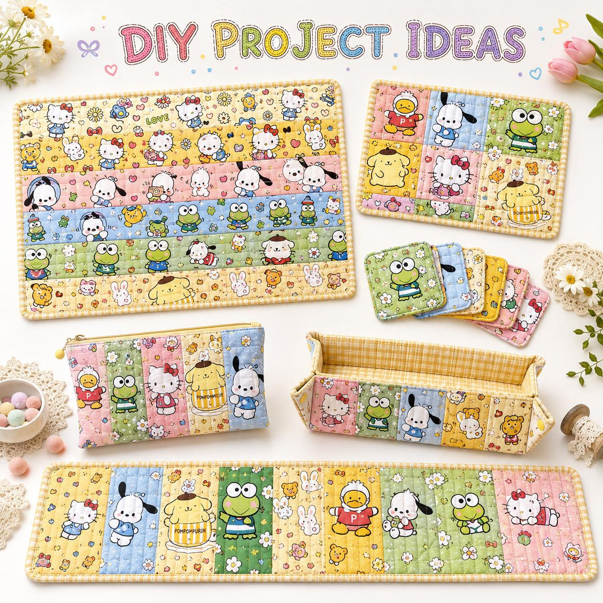 10pcs/Set, Making 10 Images 1pc Each, Each Size: 2.48*19.69inch Hello Kitty Pochacco Sanrio Series Sliced Fabric Set Style Combination, Polyester Jelly Roll Fabric Strips, Pre-Cut Quilting Squares, for Quilting DIY, Handicrafts And Sewing, Blankets, Rugs