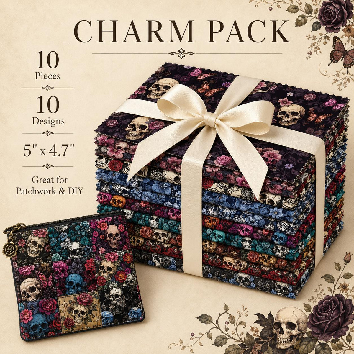 10pcs Charm Pack Set Skull Black Halloween Vintage Style Pattern Handmade DIY with Rich Color and Texture Elements 100% Polyester Patchwork in 10 Design Styles Suitable for Patchwork DIY Craft Projects DIY Wallet Making Gift Giving Bag Making Mother's Day