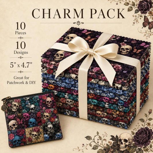 10pcs Charm Pack Set Skull Black Halloween Vintage Style Pattern Handmade DIY with Rich Color and Texture Elements 100% Polyester Patchwork in 10 Design Styles Suitable for Patchwork DIY Craft Projects DIY Wallet Making Gift Giving Bag Making Mother's Day