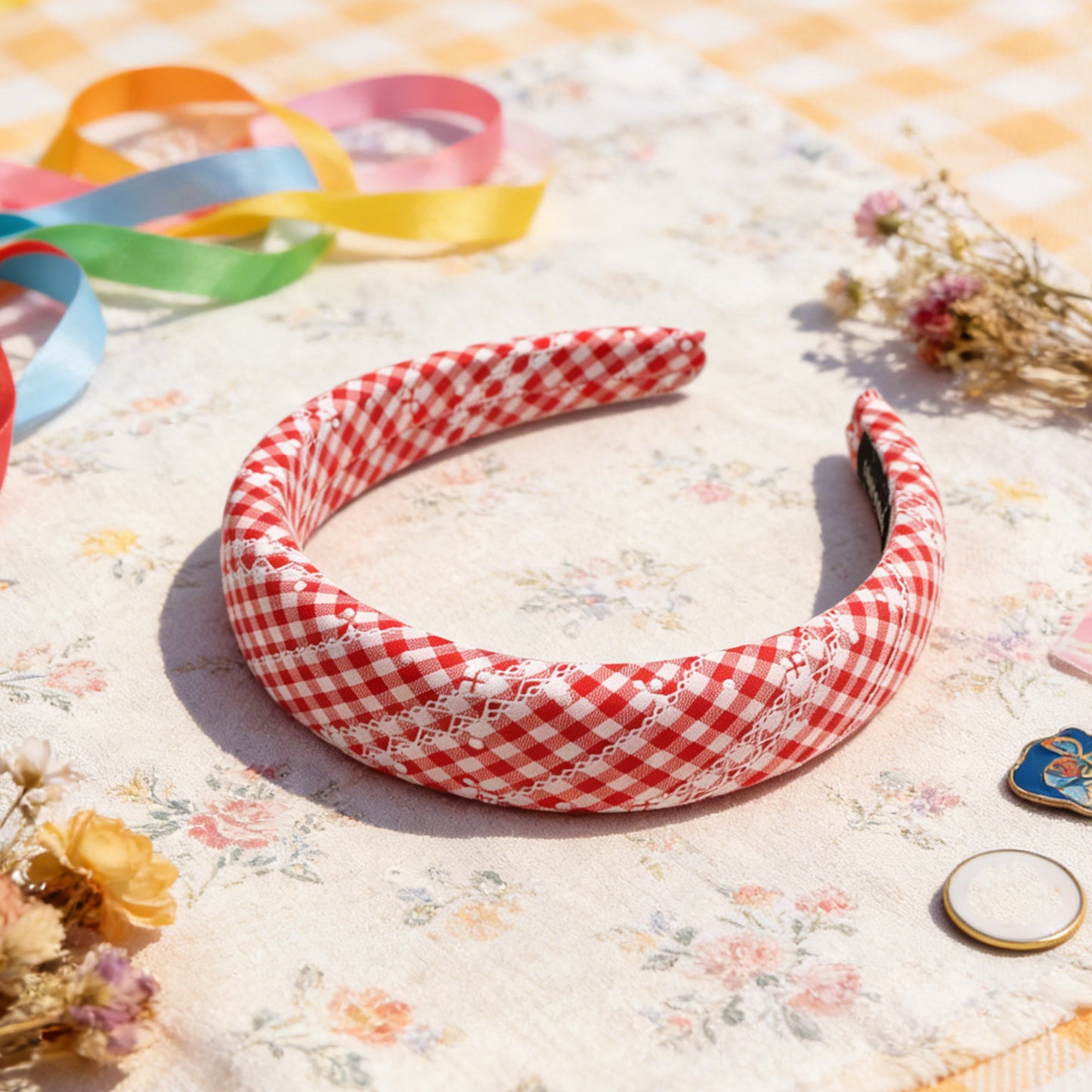 Red White Plaid Sponge Headband