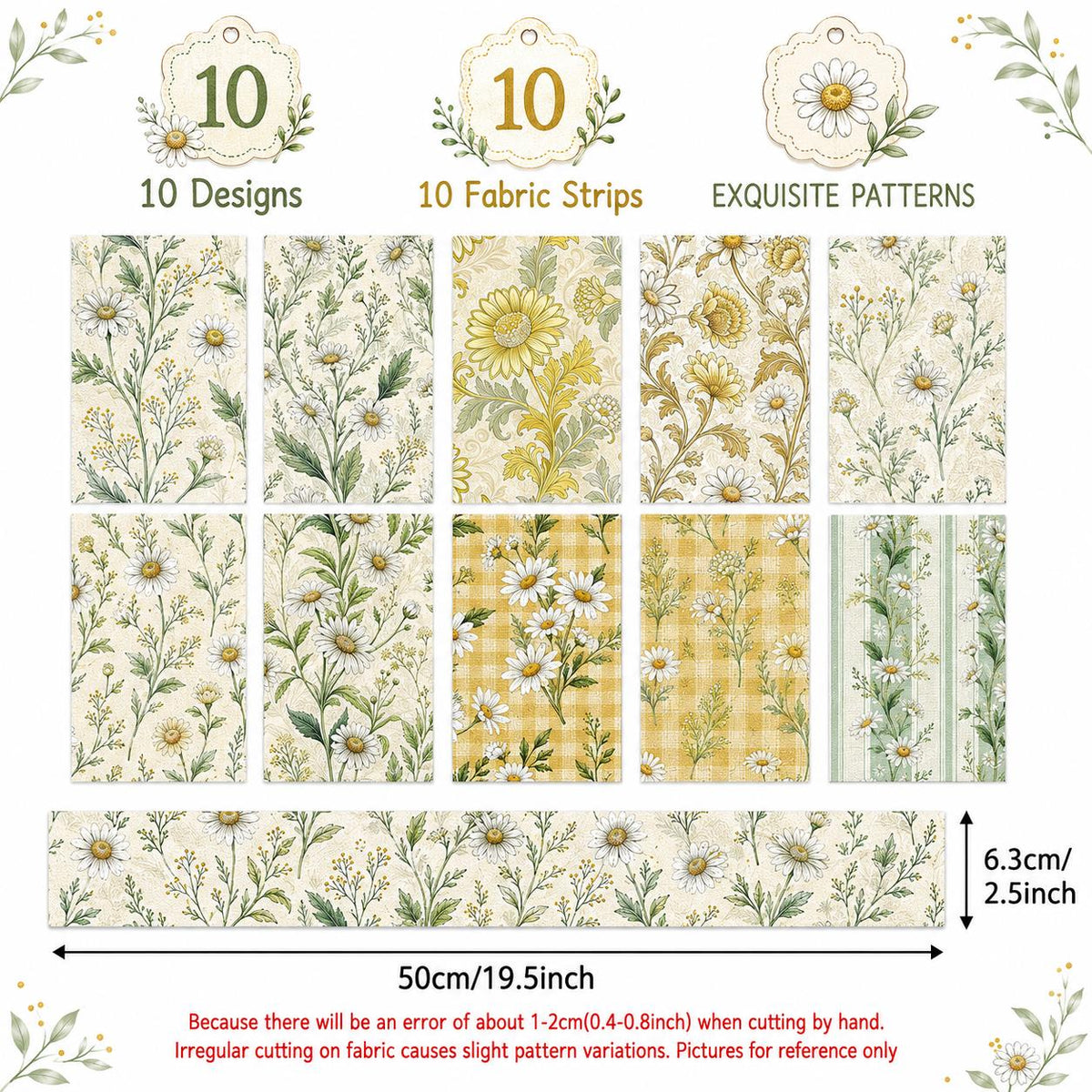 10pcs Vintage Daisy Floral Pattern Jelly Roll Fabric Strips 2.5X19.7inch Pre-Cut 100% Polyester For Patchwork Quilts, Table Runners, Placemats, Tote Bags, Storage Pouches, Makeup Bags, Coasters, Quilt Blocks & Binding