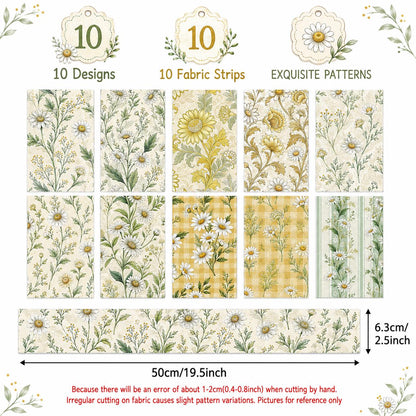 10pcs Vintage Daisy Floral Pattern Jelly Roll Fabric Strips 2.5X19.7inch Pre-Cut 100% Polyester For Patchwork Quilts, Table Runners, Placemats, Tote Bags, Storage Pouches, Makeup Bags, Coasters, Quilt Blocks & Binding