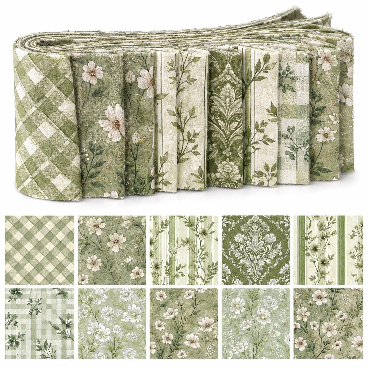 10pcs Vintage Green Floral Pattern Jelly Roll Fabric Strips 2.5X19.7inch Pre-Cut 100% Polyester For Patchwork Quilts, Table Runners, Placemats, Tote Bags, Storage Pouches, Makeup Bags, Coasters, Quilt Blocks & Binding