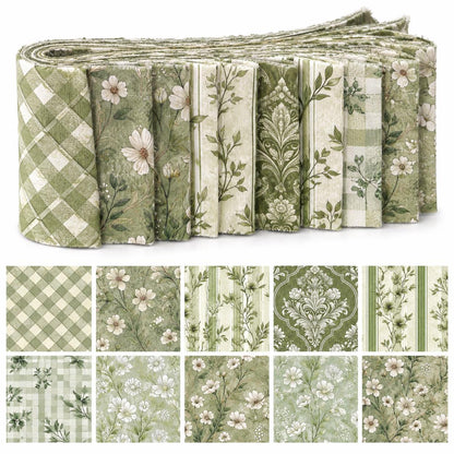 10pcs Vintage Green Floral Pattern Jelly Roll Fabric Strips 2.5X19.7inch Pre-Cut 100% Polyester For Patchwork Quilts, Table Runners, Placemats, Tote Bags, Storage Pouches, Makeup Bags, Coasters, Quilt Blocks & Binding