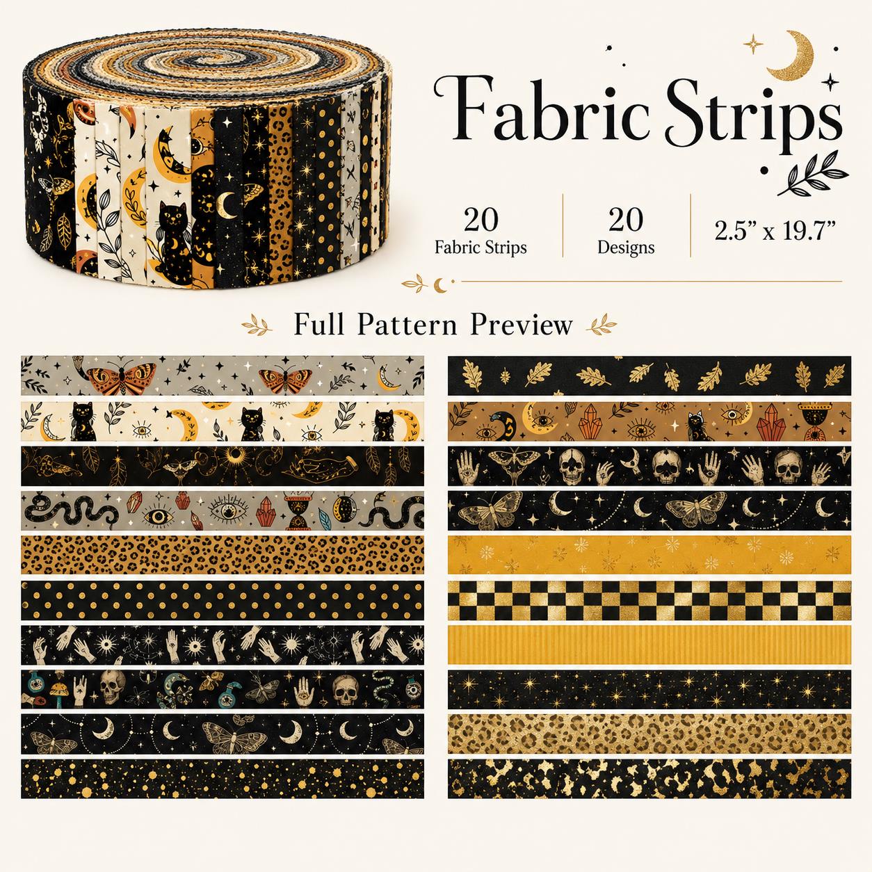 20pcs Skull Hand Black Series Jelly Roll Sliced Fabric Strips 2.5X19.7inch Delicate Printed Multi-Color 100% Polyester for DIY Handmade Patchwork, Table Runners, Placemats, Tote Bags, Storage Pouches, Makeup Bags, Coasters, Quilt Blocks & Binding Pre-cut