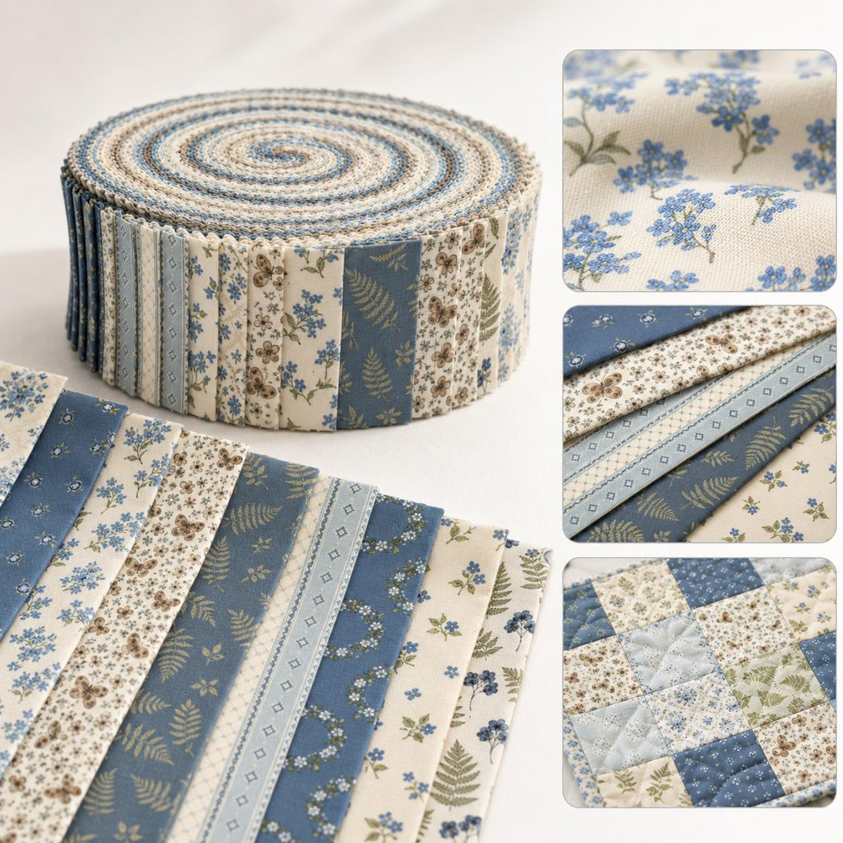 10pcs Vintage Floral Blue & White Pattern Purple Jelly Roll Fabric Strips 2.5X19.7inch Pre-cut 100% Polyester for Patchwork Quilts, Table Runners, Placemats, Tote Bags, Storage Pouches, Makeup Bags, Coasters, Quilt Blocks & Binding