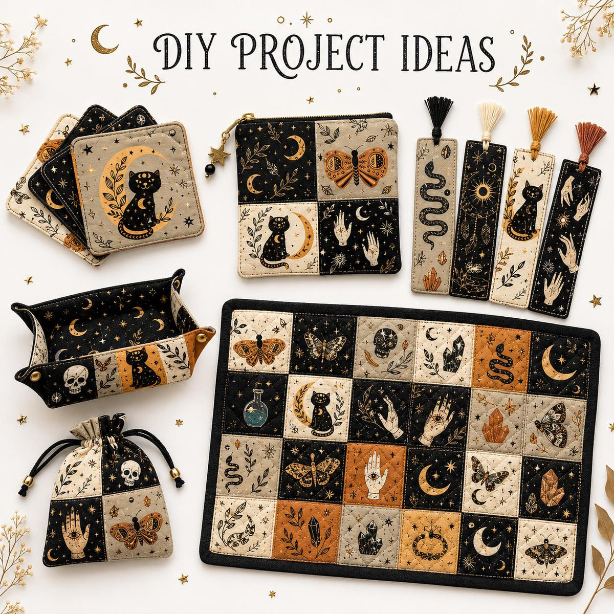 10pcs Charm Pack Set Cat Hand Skull Vintage Style Pattern Handmade DIY with Rich Color and Texture Elements 100% Polyester Patchwork in 10 Design Styles Suitable for Patchwork DIY Craft Projects DIY Wallet Making Gift Giving Bag Making Mother's Day Gift