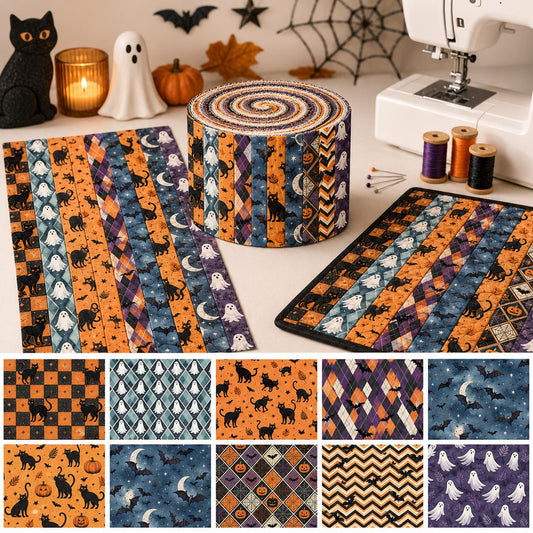 10pcs Vintage Pumpkin Cat Ghost Halloween Theme Jelly Roll Fabric Strips 2.5X19.7inch Pre-Cut 100% Polyester For Patchwork Quilts, Table Runners, Placemats, Tote Bags, Storage Pouches, Makeup Bags, Coasters, Quilt Blocks & Binding