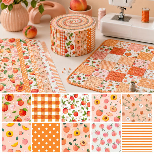 10pcs Vintage Fruit Peach Orange Theme Jelly Roll Fabric Strips 2.5X19.7inch Pre-Cut 100% Polyester For Patchwork Quilts, Table Runners, Placemats, Tote Bags, Storage Pouches, Makeup Bags, Coasters, Quilt Blocks & Binding