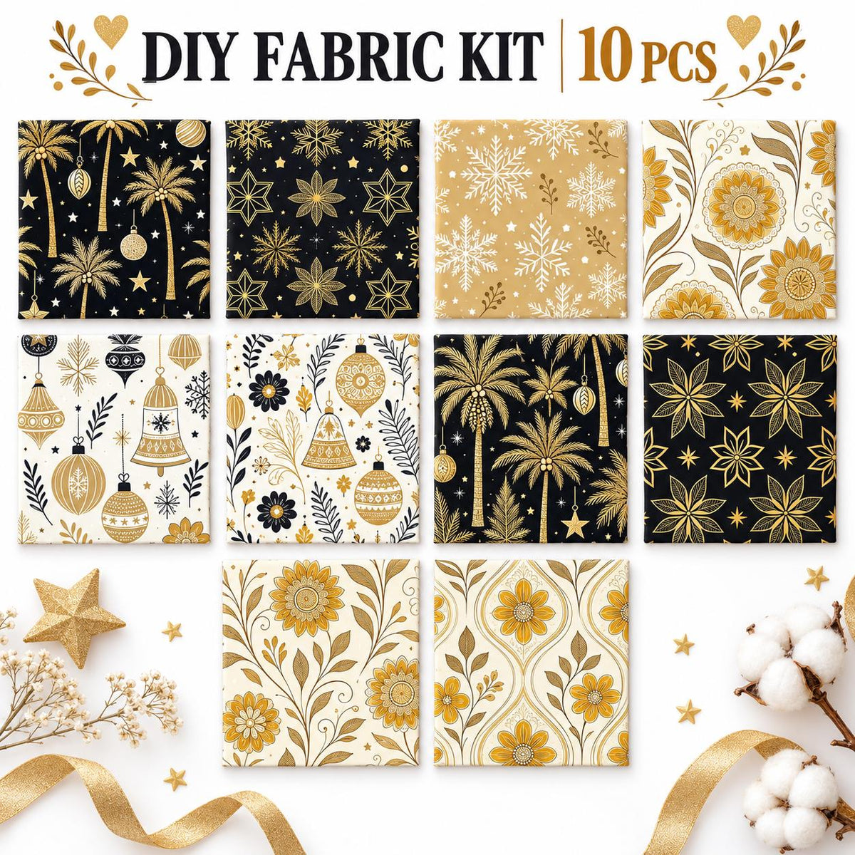 10Pc/Set Christmas Series Flower Bell Star Tree Fat Quarter Fabric, Pre-Cut Square Fabric Assort, Fabric Set, Craft Fabric, Handmade DIY Patchwork Fabric,Home Quilting Sewing Fabric, Packaging Fabric, Scrapbooking Craft Hobbyist