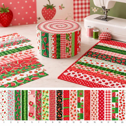 20pcs Vintage Strawberry Watermelon Fruit Pattern Blue Series Jelly Roll Sliced Fabric Strips 2.5X19.7inch Pre-Cut Floral Bow Knot Printed Multi-Color 100% Polyester For DIY Handmade Patchwork, Table Runners, Placemats, Tote Bags, Storage Pouches
