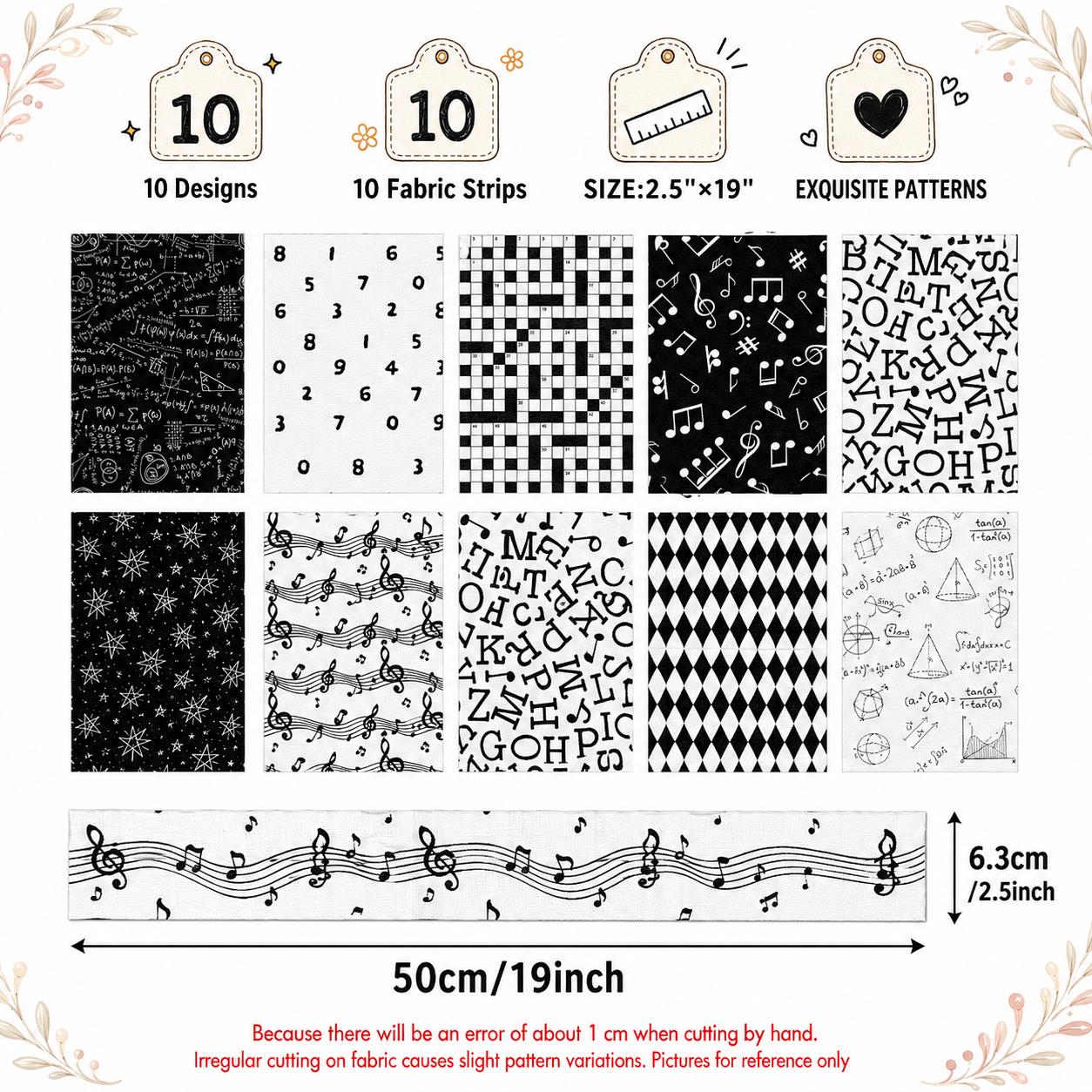 10Pc/Set, Making 10 Images 1pc Each, Each Size: 6.3*50cm Back to School White and Black Series Sliced Fabric Set Style Combination, Polyester Jelly Roll Fabric Strips, Pre-Cut Quilting Squares, For Quilting DIY, Handicrafts And Sewing, Blankets, Rugs