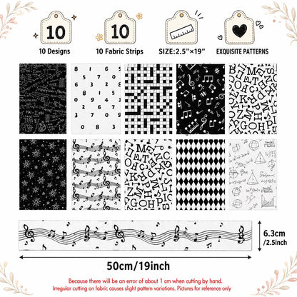 10Pc/Set, Making 10 Images 1pc Each, Each Size: 6.3*50cm Back to School White and Black Series Sliced Fabric Set Style Combination, Polyester Jelly Roll Fabric Strips, Pre-Cut Quilting Squares, For Quilting DIY, Handicrafts And Sewing, Blankets, Rugs