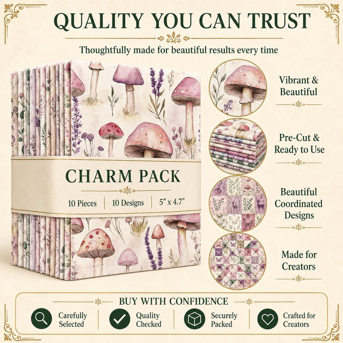 10pcs Charm Pack Set Mushroom Floral Deer Pattern Vintage Style Handmade DIY with Rich Color and Texture Elements 100% Polyester Patchwork in 10 Design Styles Suitable for Patchwork DIY Craft Projects DIY Wallet Making Gift Giving Bag Making Mother's Day