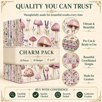 10pcs Charm Pack Set Mushroom Floral Deer Pattern Vintage Style Handmade DIY with Rich Color and Texture Elements 100% Polyester Patchwork in 10 Design Styles Suitable for Patchwork DIY Craft Projects DIY Wallet Making Gift Giving Bag Making Mother's Day