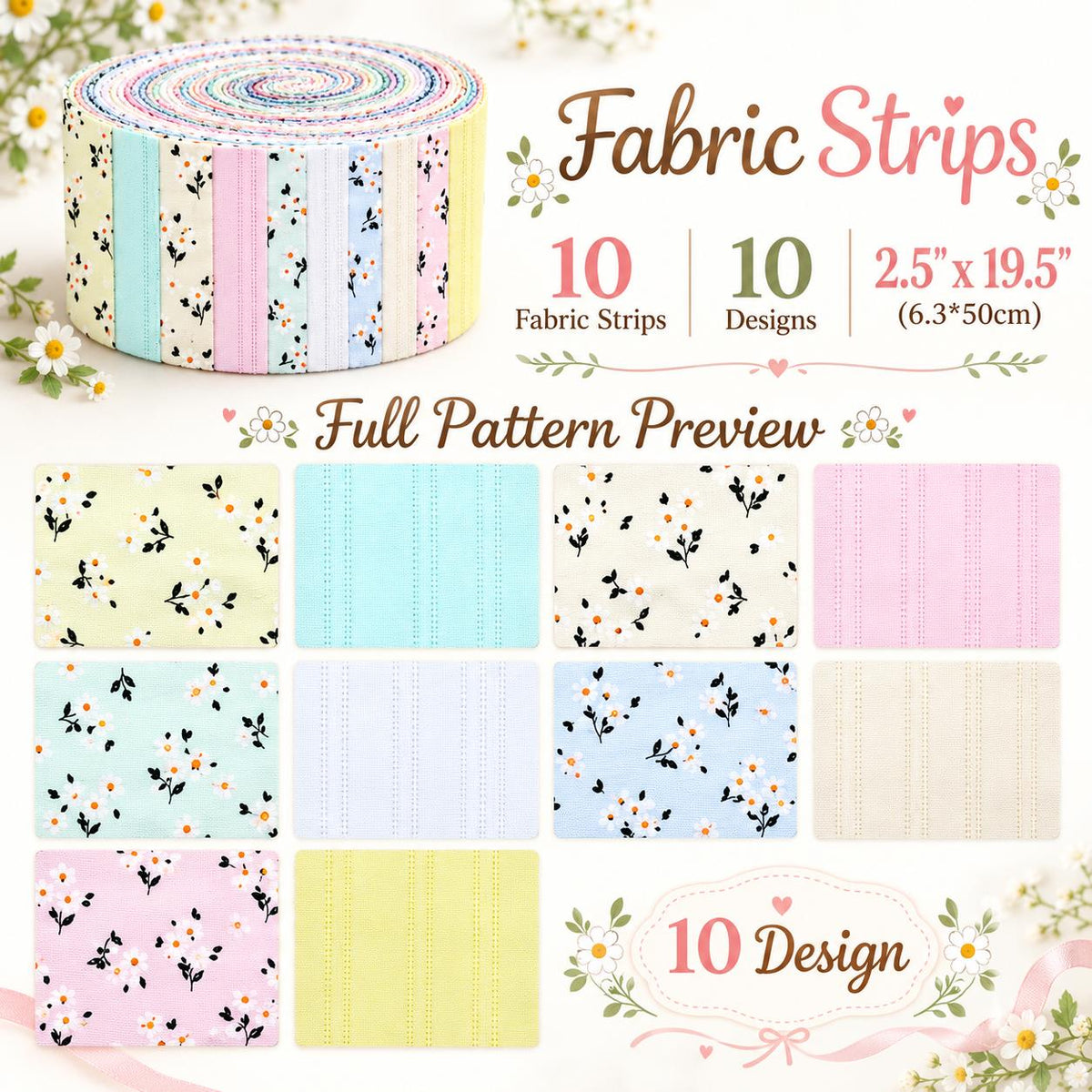 10pcs Vintage Floral Pattern Jelly Roll Fabric Strips 2.5X19.7inch Pre-Cut 100% PolyesterFor Patchwork Quilts, Table Runners, Placemats, Tote Bags, Storage Pouches, Makeup Bags, Coasters, Quilt Blocks & Binding
