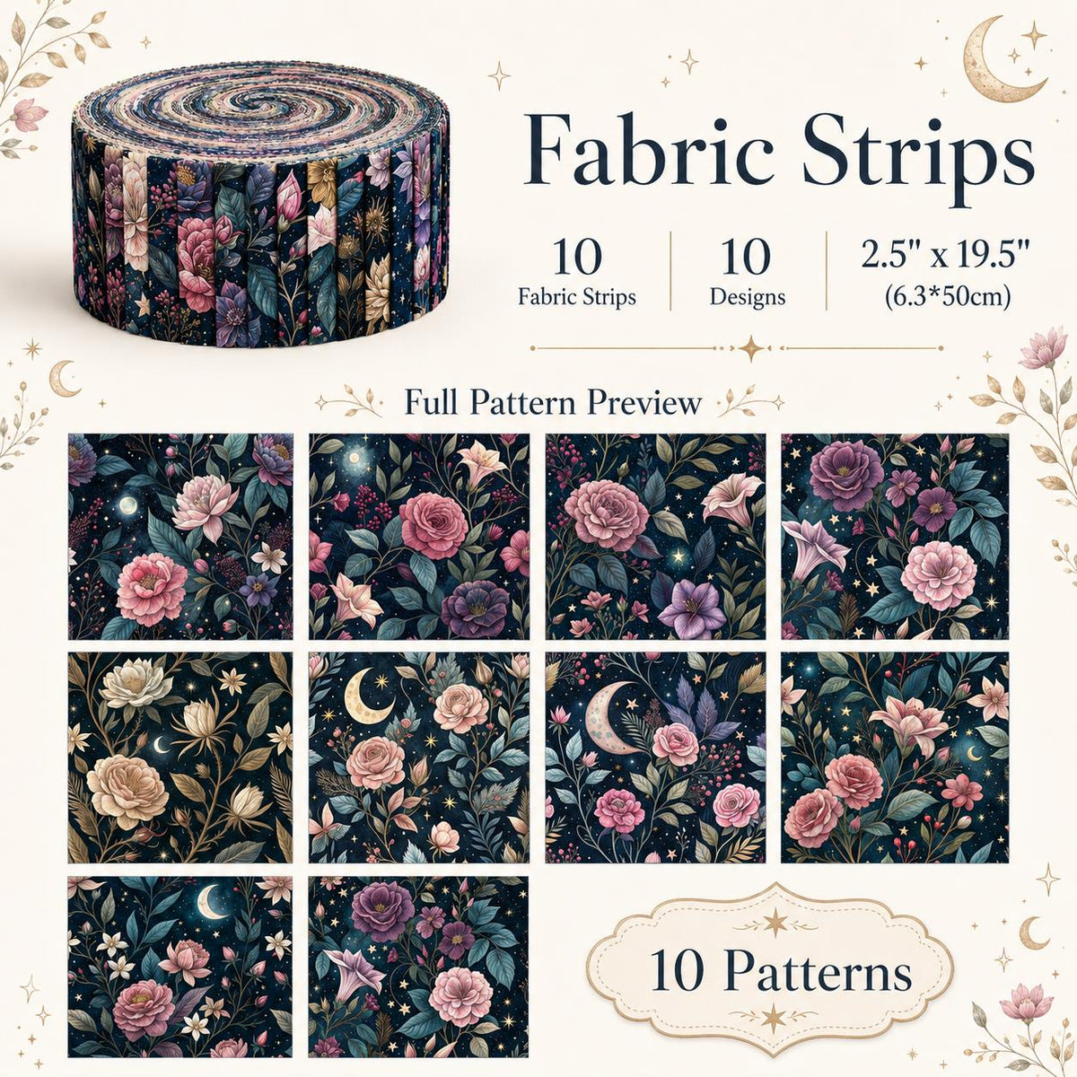 10pcs Vintage Floral Burgundy Moon Pattern Jelly Roll Fabric Strips 2.5X19.7inch Pre-Cut 100% Polyester For Patchwork Quilts, Table Runners, Placemats, Tote Bags, Storage Pouches, Makeup Bags, Coasters, Quilt Blocks & Binding