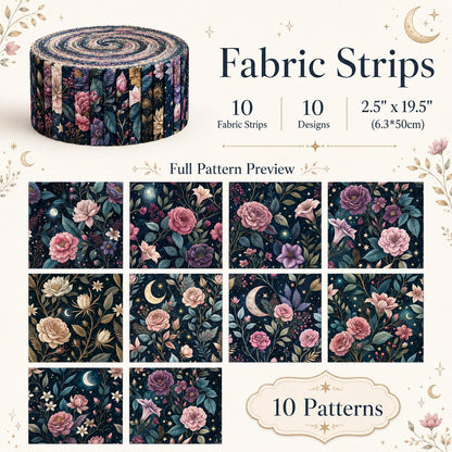 10pcs Vintage Floral Burgundy Moon Pattern Jelly Roll Fabric Strips 2.5X19.7inch Pre-Cut 100% Polyester For Patchwork Quilts, Table Runners, Placemats, Tote Bags, Storage Pouches, Makeup Bags, Coasters, Quilt Blocks & Binding