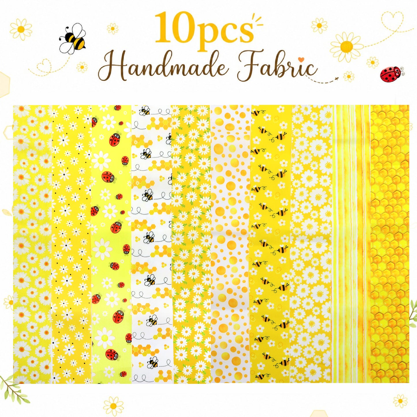 10Pc/Set, Making 10 Images 1pc Each, Each Size: 6.3*50cm Ladybug Bee Spring Daisy Yellow Series Sliced Fabric Set Style Combination, Polyester Jelly Roll Fabric Strips, Pre-Cut Quilting Squares, For Quilting DIY, Handicrafts And Sewing, Blankets, Rugs