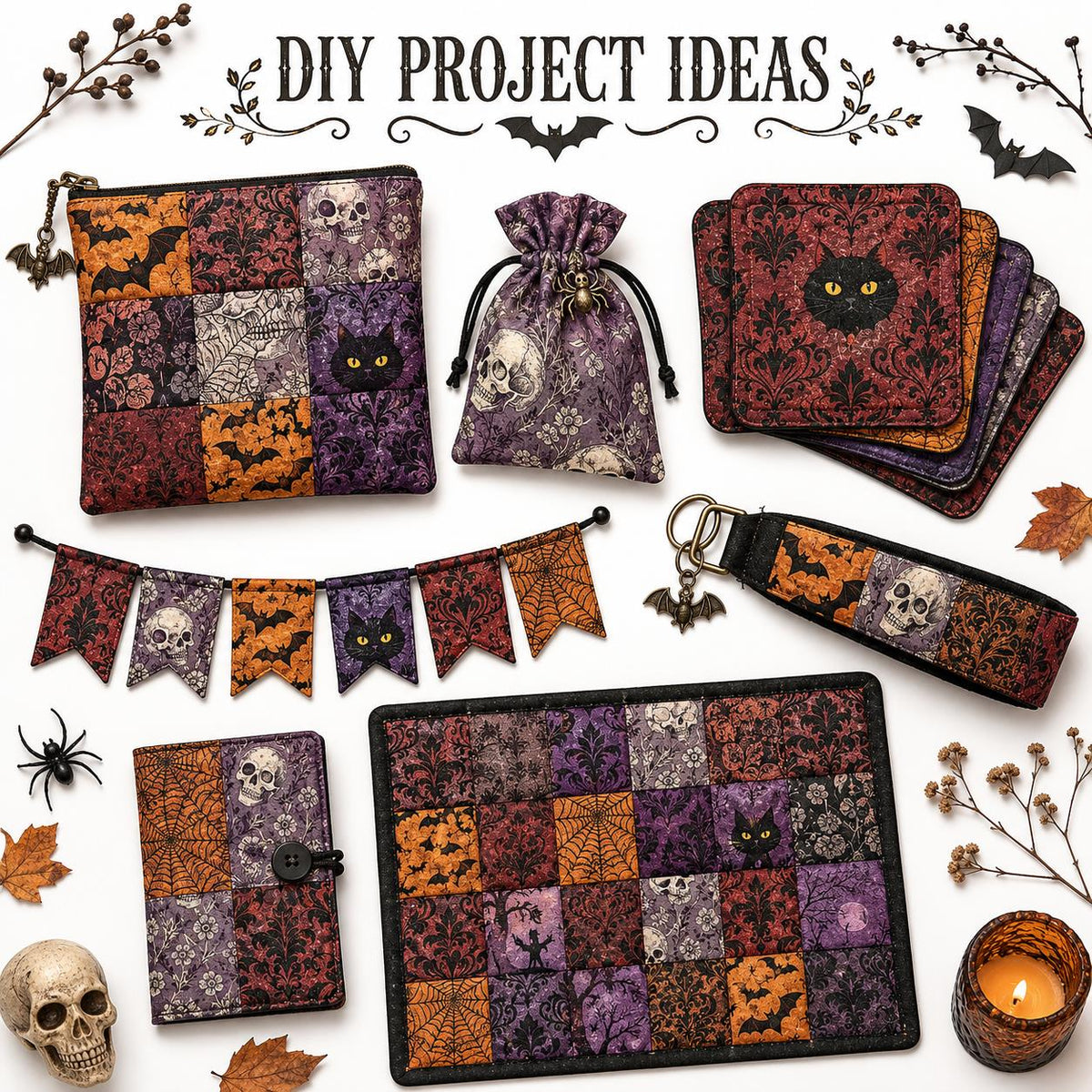 10Pc/Set Halloween Series Flower Skull Spider Web Bat Fat Quarter Fabric, Pre-Cut Square Fabric Assort, Fabric Set, Craft Fabric, Handmade DIY Patchwork Fabric,Home Quilting Sewing Fabric, Packaging Fabric, Scrapbooking Craft Hobbyist