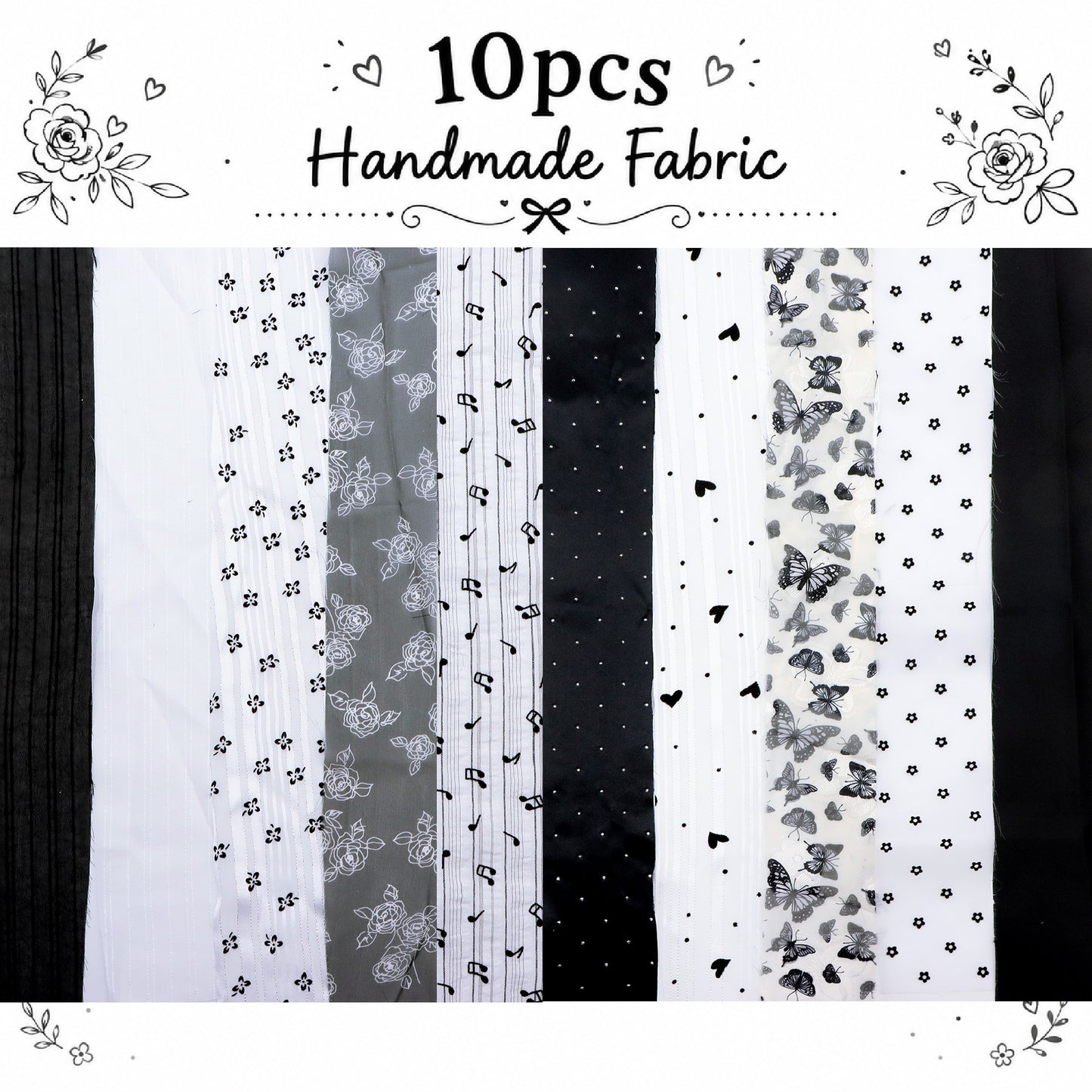 10Pc/Set, Making 10 Images 1pc Each, Each Size: 6.3*50cm Butterfly Floral Heart Black and White Series Sliced Fabric Set Style Combination, Polyester Jelly Roll Fabric Strips, Pre-Cut Quilting Squares, For Quilting DIY, Handicrafts And Sewing, Blankets