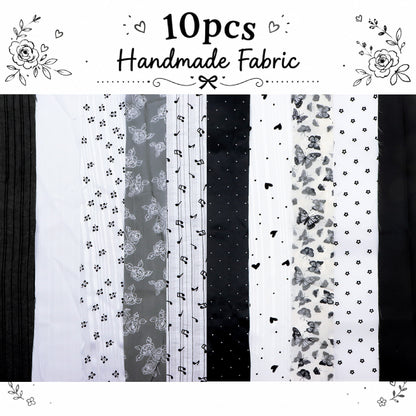 10Pc/Set, Making 10 Images 1pc Each, Each Size: 6.3*50cm Butterfly Floral Heart Black and White Series Sliced Fabric Set Style Combination, Polyester Jelly Roll Fabric Strips, Pre-Cut Quilting Squares, For Quilting DIY, Handicrafts And Sewing, Blankets