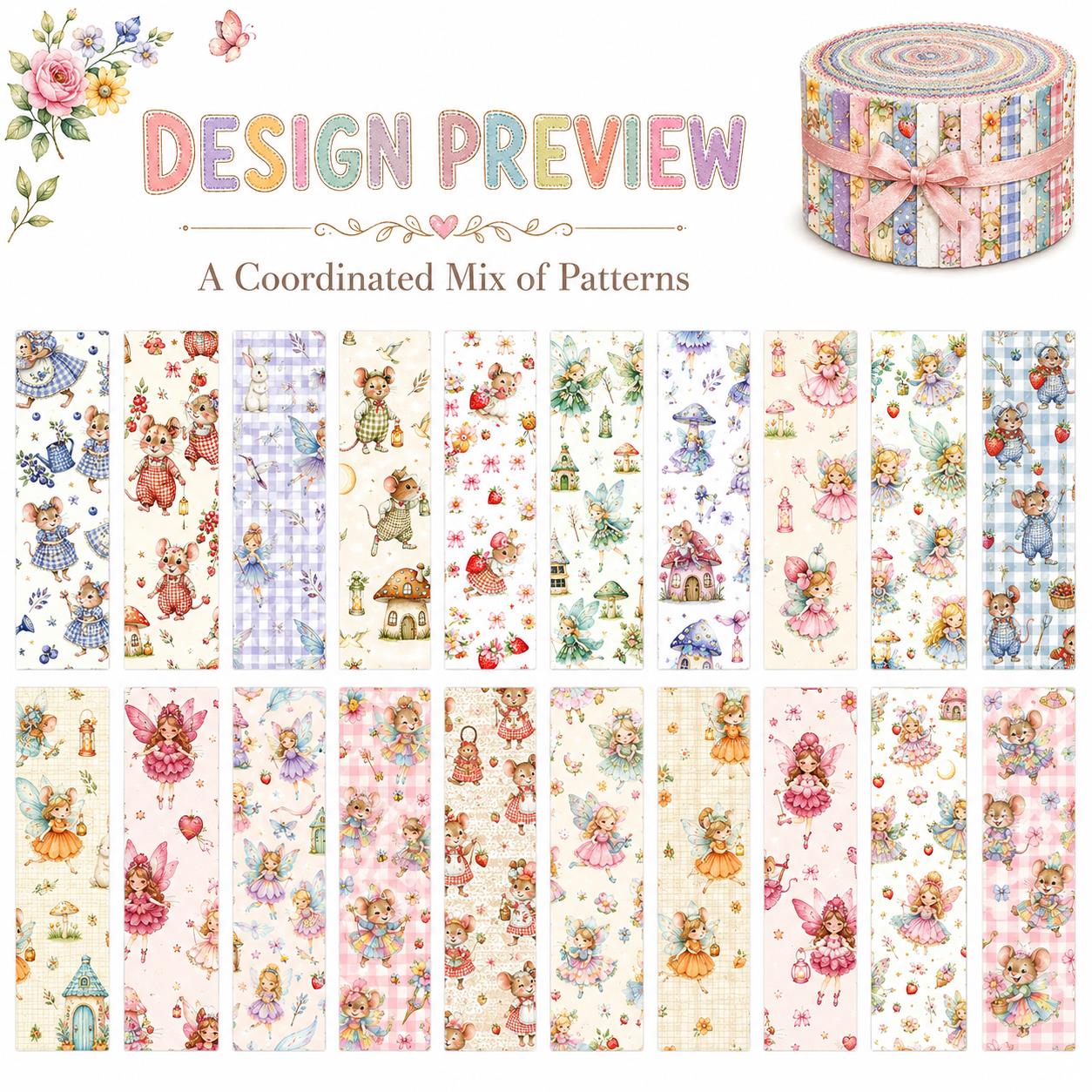 20pcs Vintage Mouse Fruit Jelly Roll Sliced Fabric Strips 2.5X19.7inch Pre-cut Fresh and Delicate Printed Multi-Color 100% Polyester for DIY Handmade Patchwork, Table Runners, Placemats, Tote Bags, Storage Pouches, Makeup Bags, Coasters, Quilt Blocks