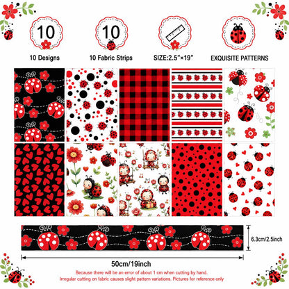 10Pc/Set, Making 10 Images 1pc Each, Each Size: 6.3*50cm Spring Heart Ladybug Red Series Sliced Fabric Set Style Combination, Polyester Jelly Roll Fabric Strips, Pre-Cut Quilting Squares, For Quilting DIY, Handicrafts And Sewing, Blankets, Rugs