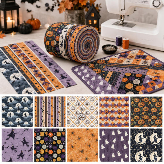 10pcs Vintage Pumpkin Bat Ghost Halloween Theme Jelly Roll Fabric Strips 2.5X19.7inch Pre-Cut 100% Polyester For Patchwork Quilts, Table Runners, Placemats, Tote Bags, Storage Pouches, Makeup Bags, Coasters, Quilt Blocks & Binding