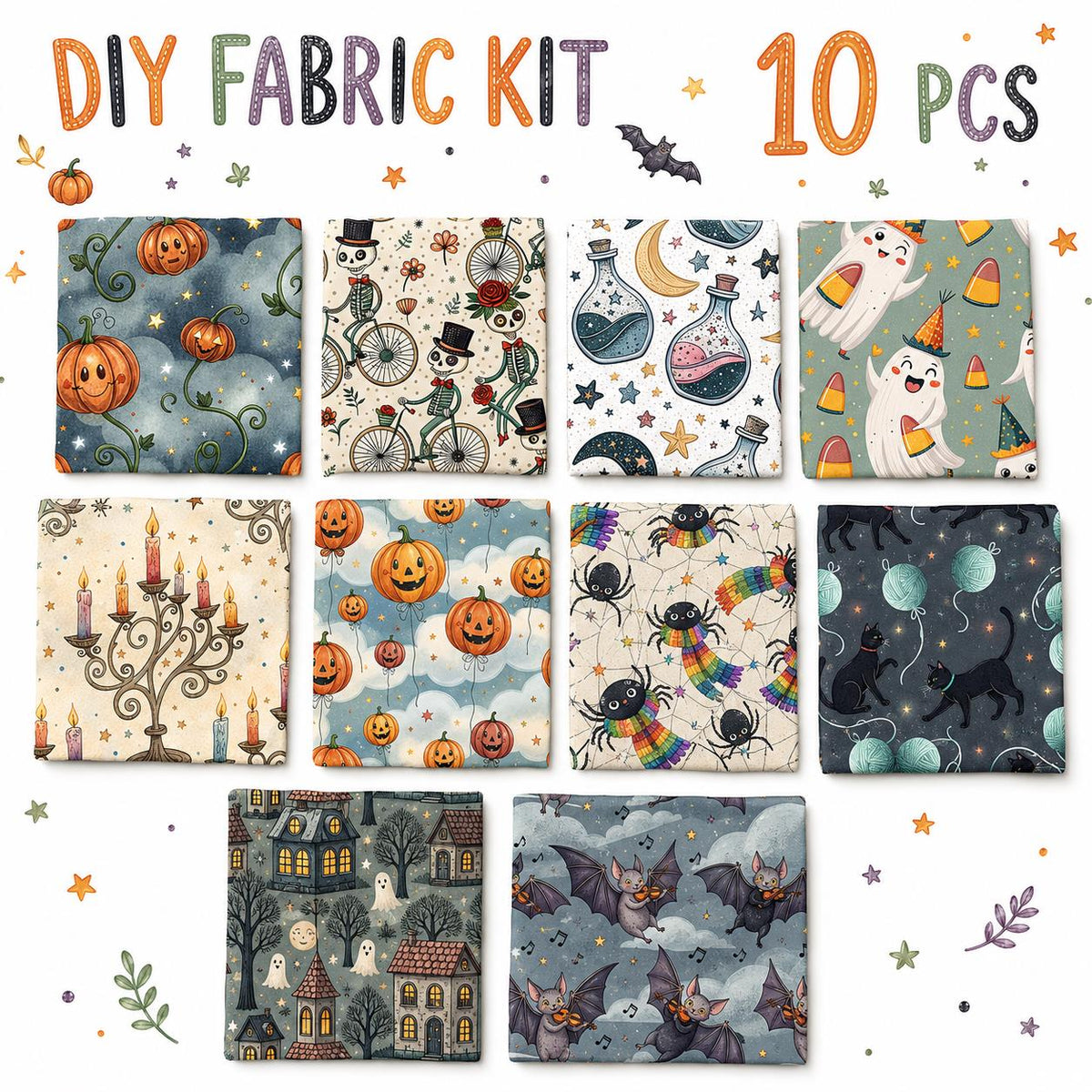 10Pc/Set Hallween Series Pumpkin Cat Moon Spider Bat Fat Quarter Fabric, Pre-Cut Square Fabric Assort, Fabric Set, Craft Fabric, Handmade DIY Patchwork Fabric,Home Quilting Sewing Fabric, Packaging Fabric, Scrapbooking Craft Hobbyist