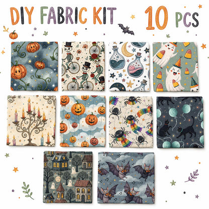 10Pc/Set Hallween Series Pumpkin Cat Moon Spider Bat Fat Quarter Fabric, Pre-Cut Square Fabric Assort, Fabric Set, Craft Fabric, Handmade DIY Patchwork Fabric,Home Quilting Sewing Fabric, Packaging Fabric, Scrapbooking Craft Hobbyist