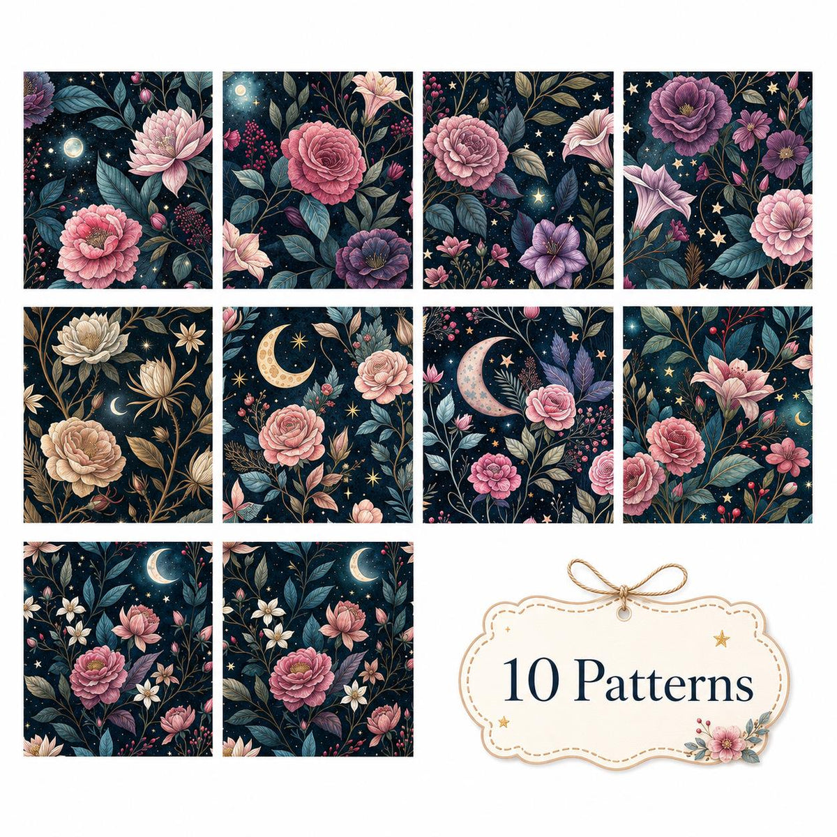 10pcs Vintage Floral Burgundy Moon Pattern Jelly Roll Fabric Strips 2.5X19.7inch Pre-Cut 100% Polyester For Patchwork Quilts, Table Runners, Placemats, Tote Bags, Storage Pouches, Makeup Bags, Coasters, Quilt Blocks & Binding