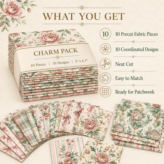 10pcs Charm Pack Set Floral Pattern 100% Polyester Patchwork in 10 Design Styles, Ready-to-Sew Without Cutting, Suitable For Patchwork Wallet Making Gift Giving Tote Bags Coasters DIY Craft Projects For Mother's Gift