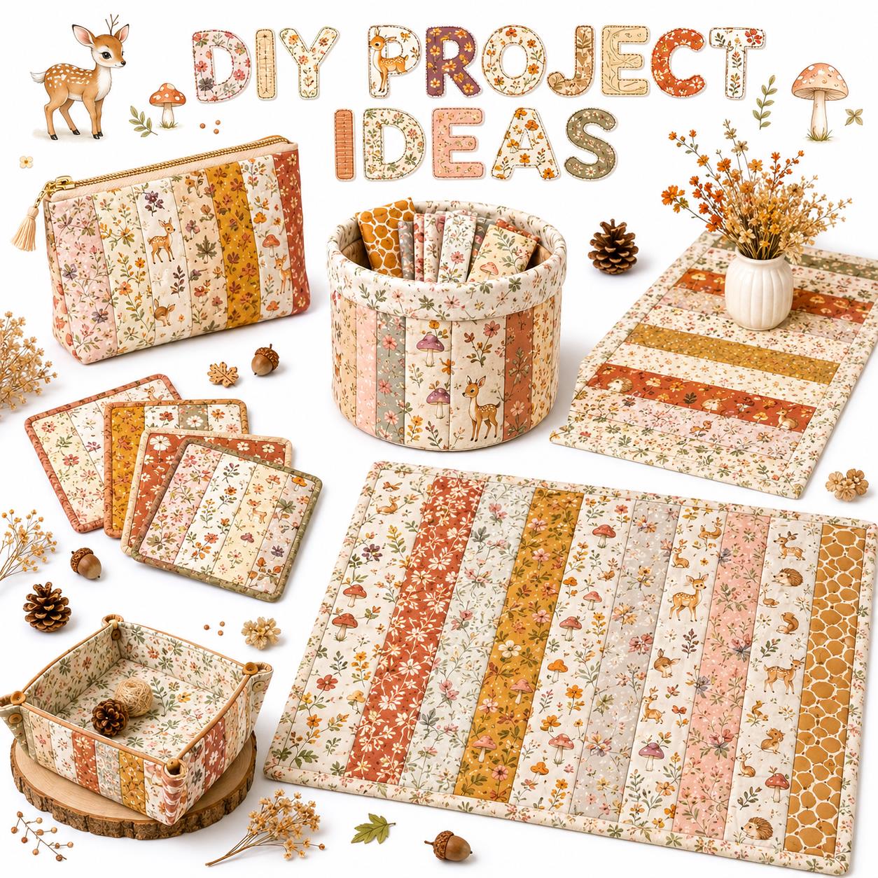 10pcs Vintage Mushroom Deer Autumn Pattern Jelly Roll Fabric Strips 2.5X19.7inch Pre-cut 100% Polyester for Patchwork Quilts, Table Runners, Placemats, Tote Bags, Storage Pouches, Makeup Bags, Coasters, Quilt Blocks & Binding