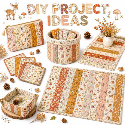 10pcs Vintage Mushroom Deer Autumn Pattern Jelly Roll Fabric Strips 2.5X19.7inch Pre-cut 100% Polyester for Patchwork Quilts, Table Runners, Placemats, Tote Bags, Storage Pouches, Makeup Bags, Coasters, Quilt Blocks & Binding